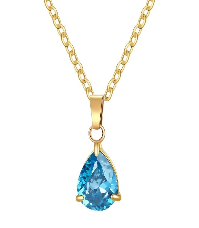 90497-Front gold blue crystal pear drop pendant necklace in 18K gold plated stainless steel