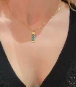 Gold Textured Bar and Turquoise Stone Trio Pendant Necklace - Image 2