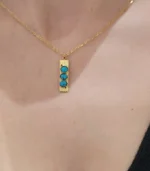 Gold Textured Bar and Turquoise Stone Trio Pendant Necklace - Image 3