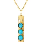 gold textured bar and turquoise stone trio pendant necklace in 18K gold plated stainless steel