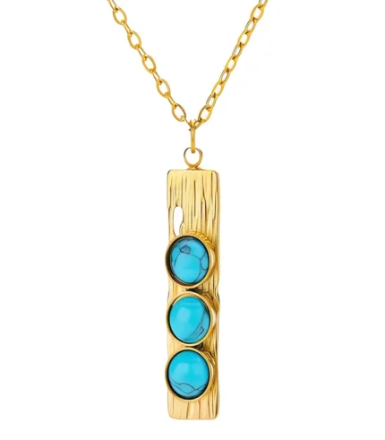 gold textured bar and turquoise stone trio pendant necklace in 18K gold plated stainless steel