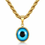 gold evil eye pendant necklace on twisted gold chain in 18K gold plated stainless steel