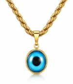 gold evil eye pendant necklace on twisted gold chain in 18K gold plated stainless steel