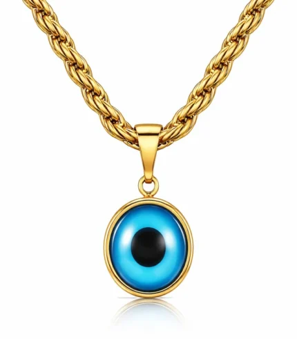 gold evil eye pendant necklace on twisted gold chain in 18K gold plated stainless steel
