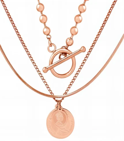 3-layer gold toggle chain and coin pendant necklace set in 18K gold plated stainless steel