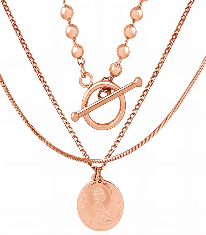 90579-Front 3-layer gold toggle chain and coin pendant necklace set in 18K gold plated stainless steel