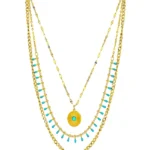 3-layer gold and turquoise necklace set with sunburst pendant in 18K gold plated stainless steel