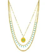 3-layer gold and turquoise necklace set with sunburst pendant in 18K gold plated stainless steel