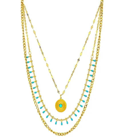 3-layer gold and turquoise necklace set with sunburst pendant in 18K gold plated stainless steel