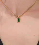 Gold Flat Collar Chain and Emerald Crystal Rectangle Pendant Necklace - Image 2