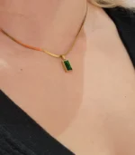 Gold Flat Collar Chain and Emerald Crystal Rectangle Pendant Necklace - Image 3