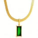 gold flat collar chain and emerald crystal rectangle pendant necklace in 18K gold plated stainless steel