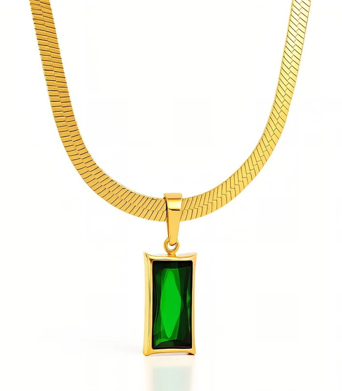 90799-Front gold flat collar chain and emerald crystal rectangle pendant necklace in 18K gold plated stainless steel