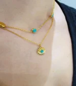2-Layer Gold Turquoise Station Chain and Sunburst Pendant Necklace Set - Image 2