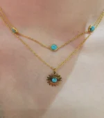 2-Layer Gold Turquoise Station Chain and Sunburst Pendant Necklace Set - Image 3