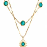2-layer gold turquoise station chain and sunburst pendant necklace set in 18K gold plated stainless steel