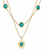 2-layer gold turquoise station chain and sunburst pendant necklace set in 18K gold plated stainless steel