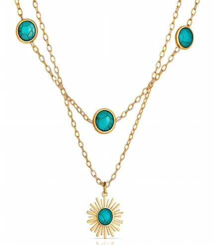 2-layer gold turquoise station chain and sunburst pendant necklace set in 18K gold plated stainless steel